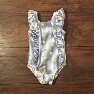 Blue and White Striped Kids Swim One Piece with Lemon Print